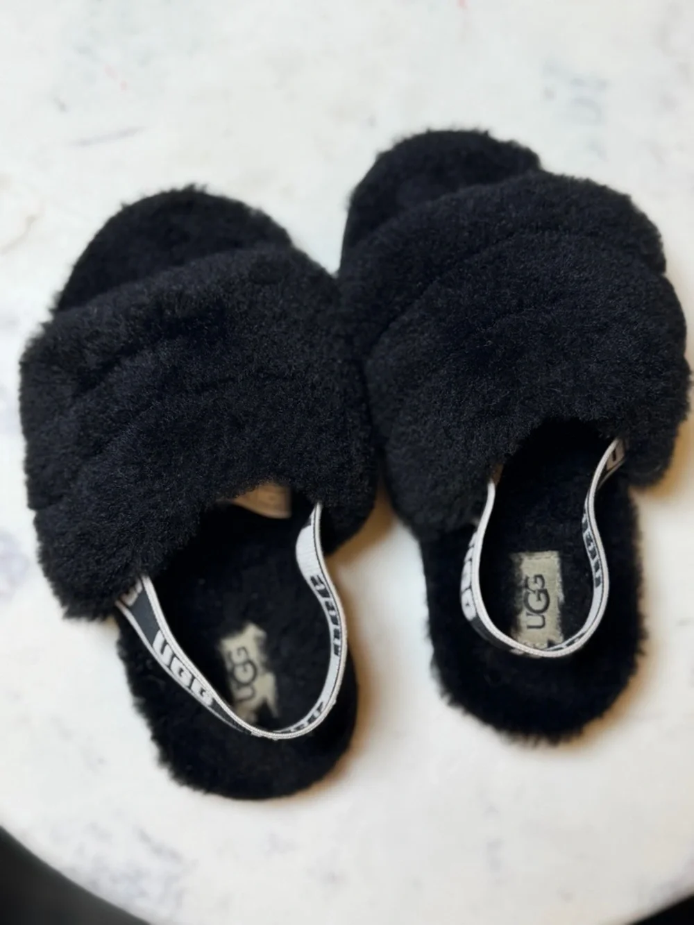 UGG Toddler Girls Size 11 Black Fuzzy Plush Slingback Slide Slippers